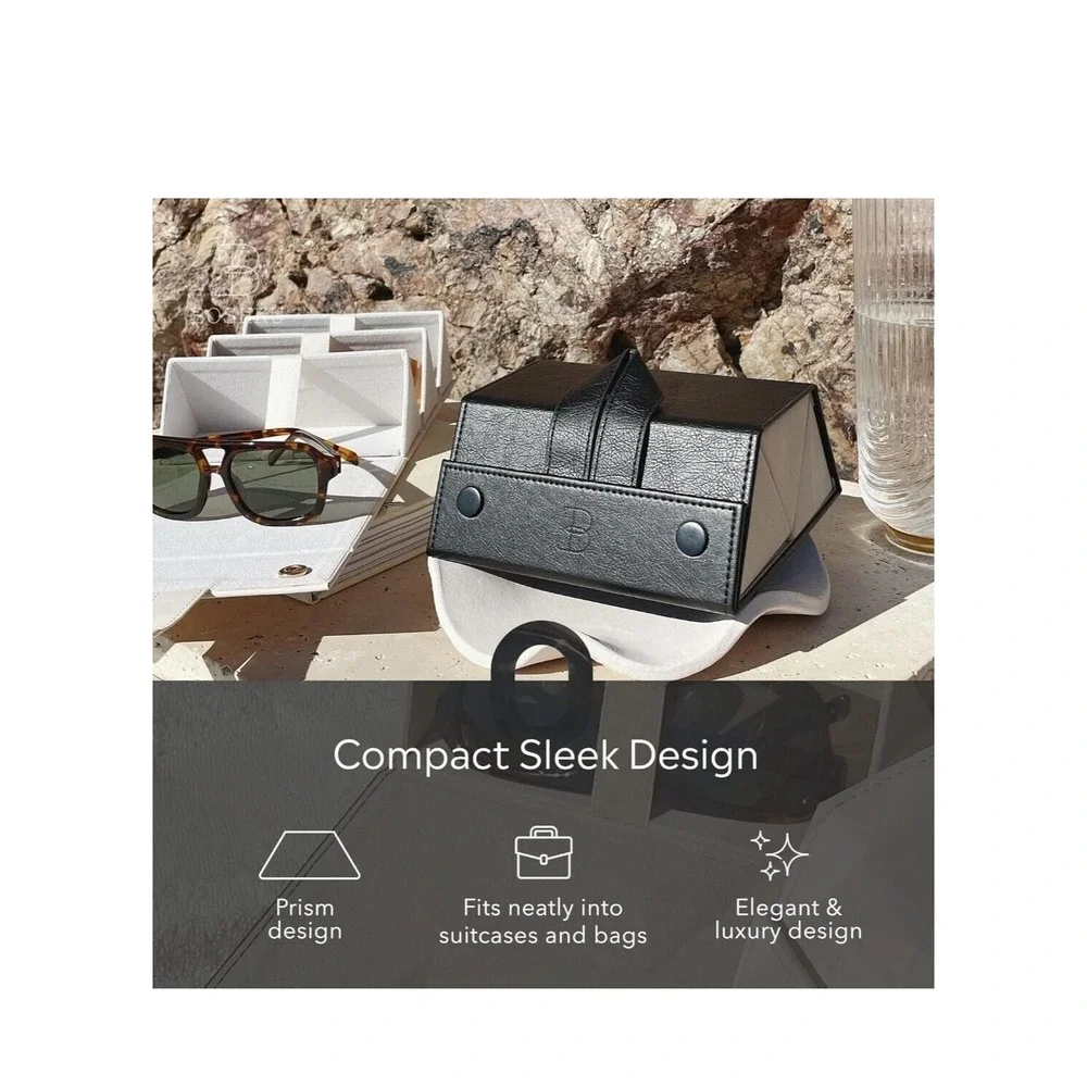 Boshku 3 Slot Sunglasses Travel Case Organizer Black Vegan Leather Hanging Case